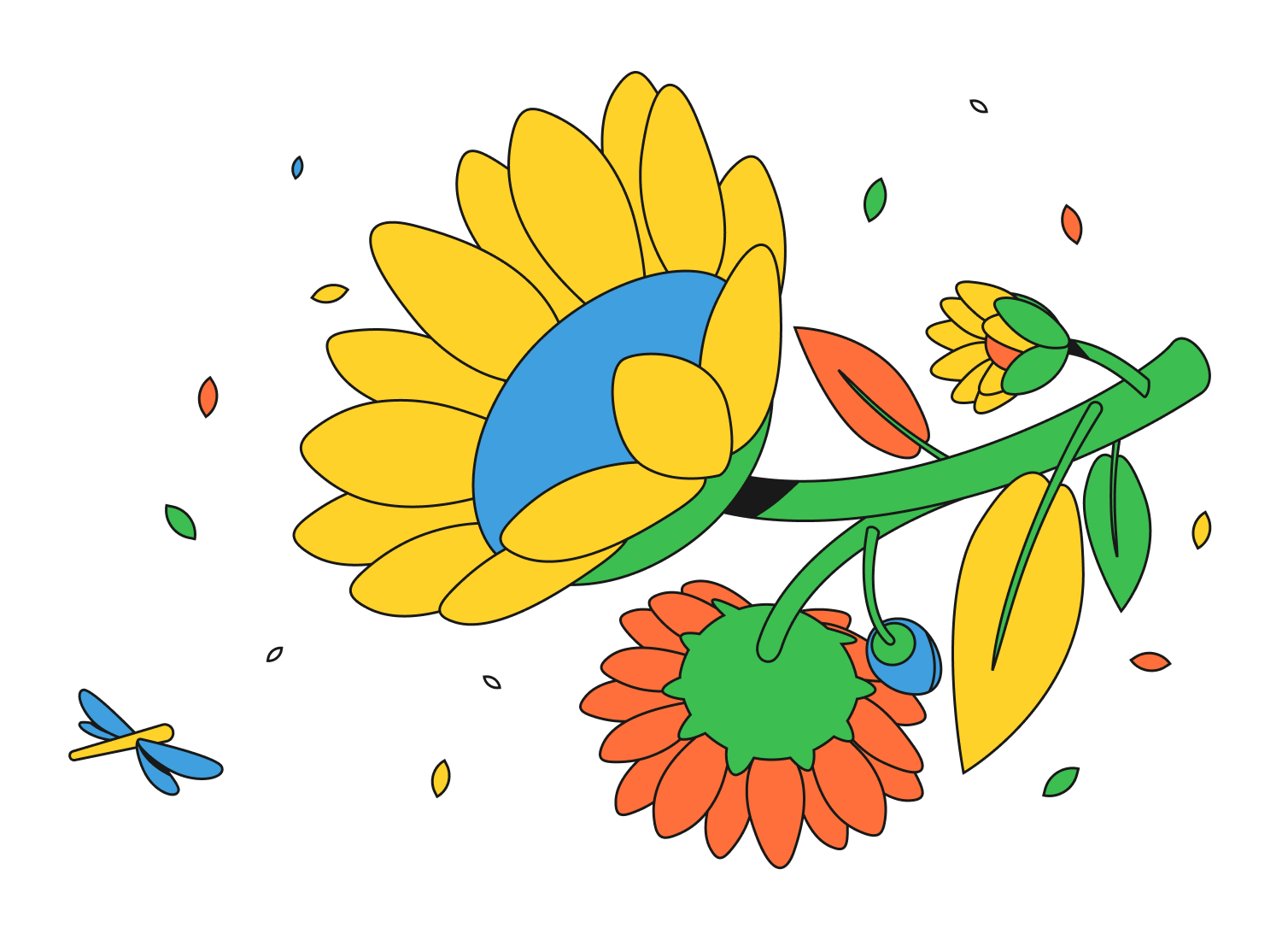 Colorful Linx brand illustration with flowers, leaves, and a dragonfly